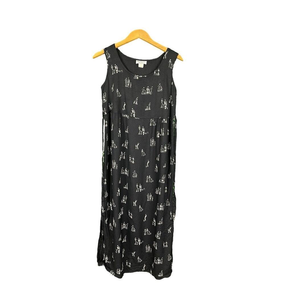 Dan Howard Black Maxi Dress Women Size Small Vintage Stick Family Print Tie Back